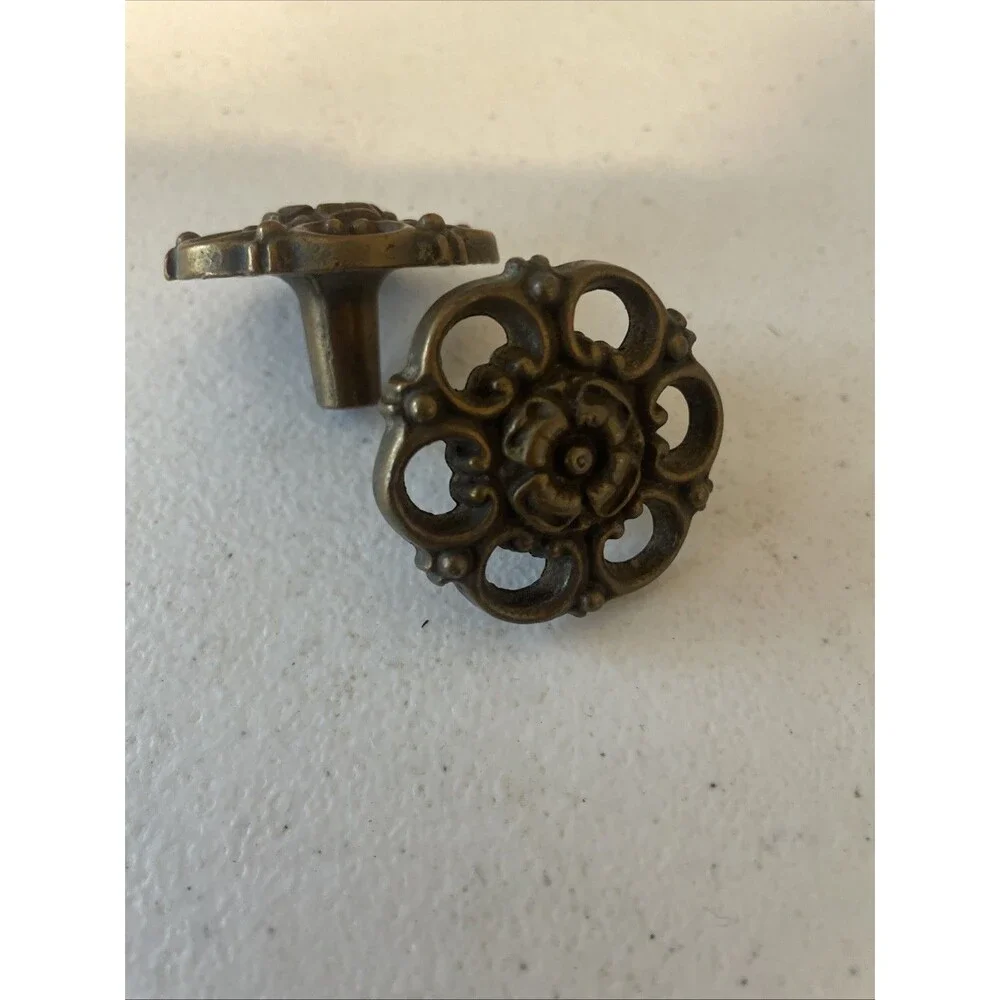 Vintage Ornate Brass Floral Cabinet Knobs Pair 1.5 Inches Pierced Filigree